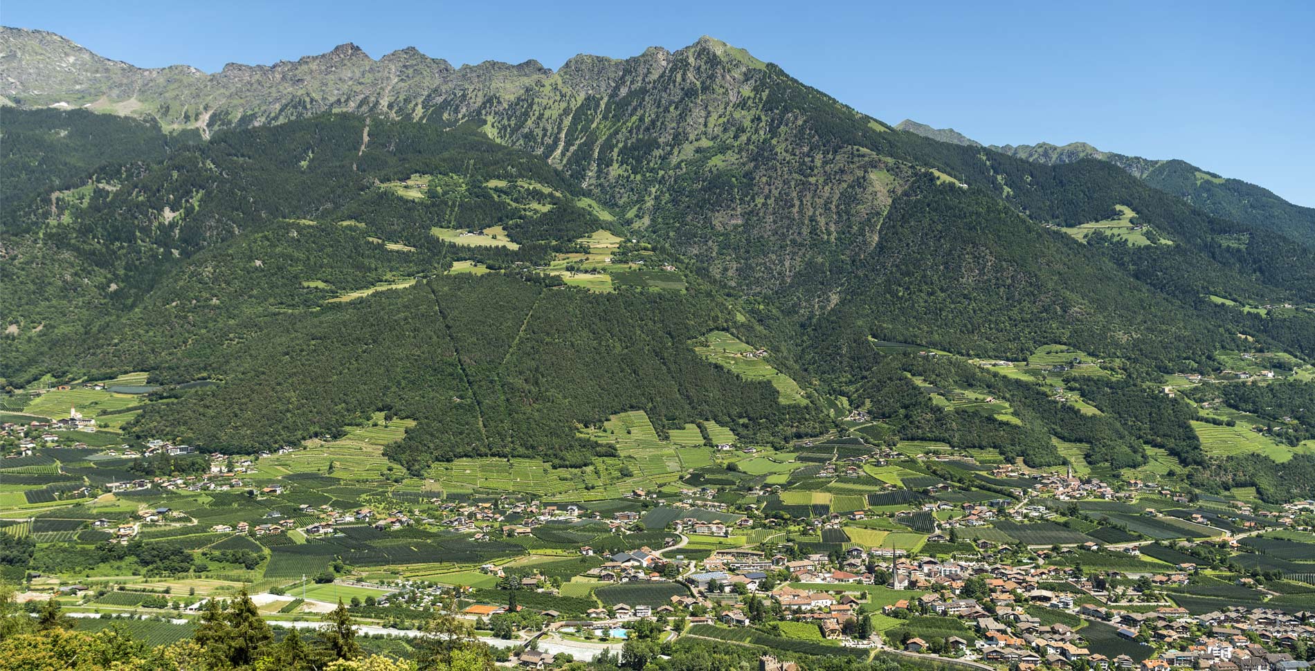 Luftaufnahme von Algund in Südtirol mit grünen Bergen und dem grünen Dorf